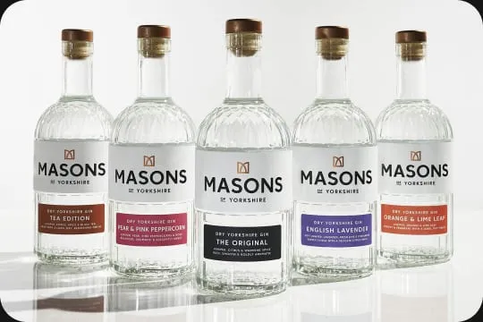 A row of Masons of Yorkshire gin bottles