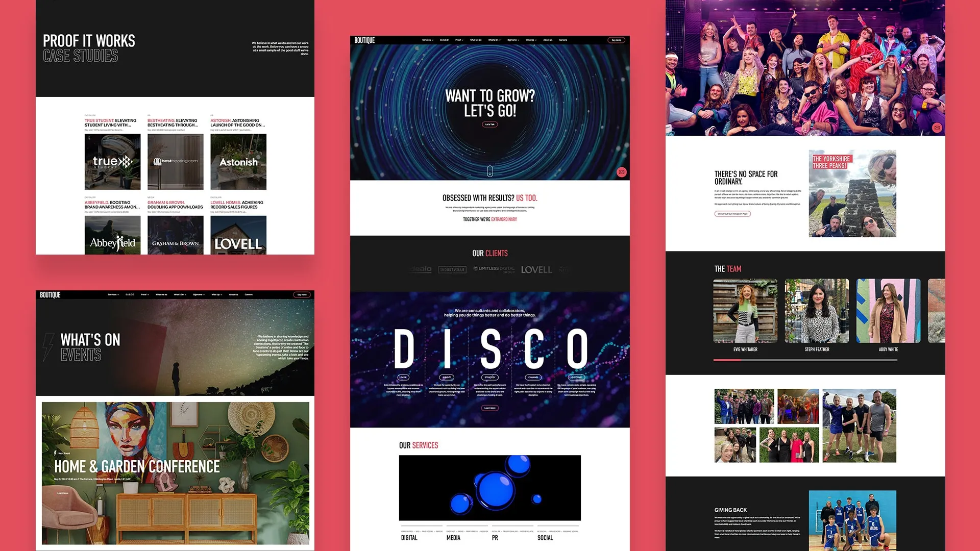 Pages from the Boutique website