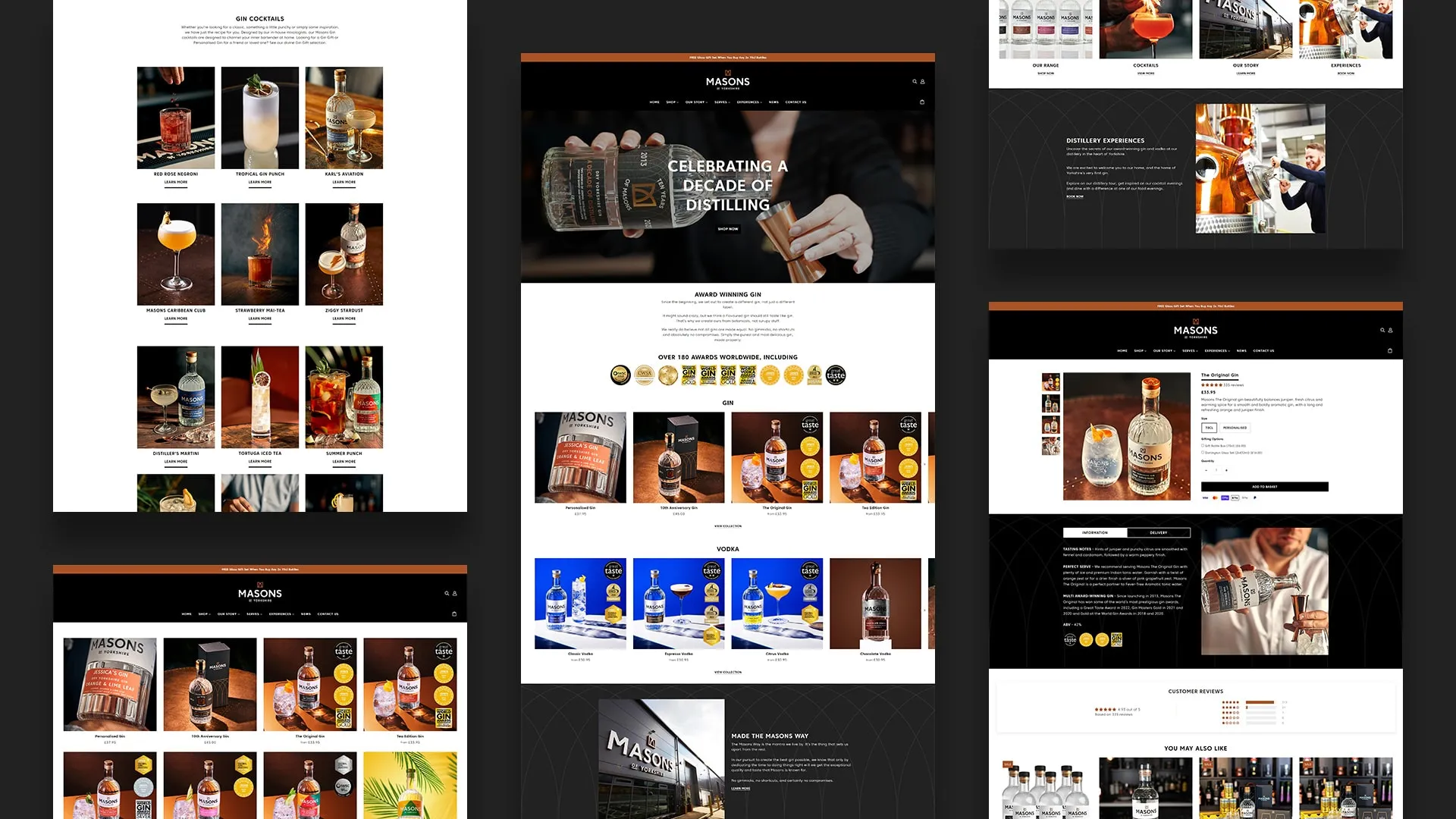 Masons of Yorkshire shop pages on desktop, from the homepage to the gins