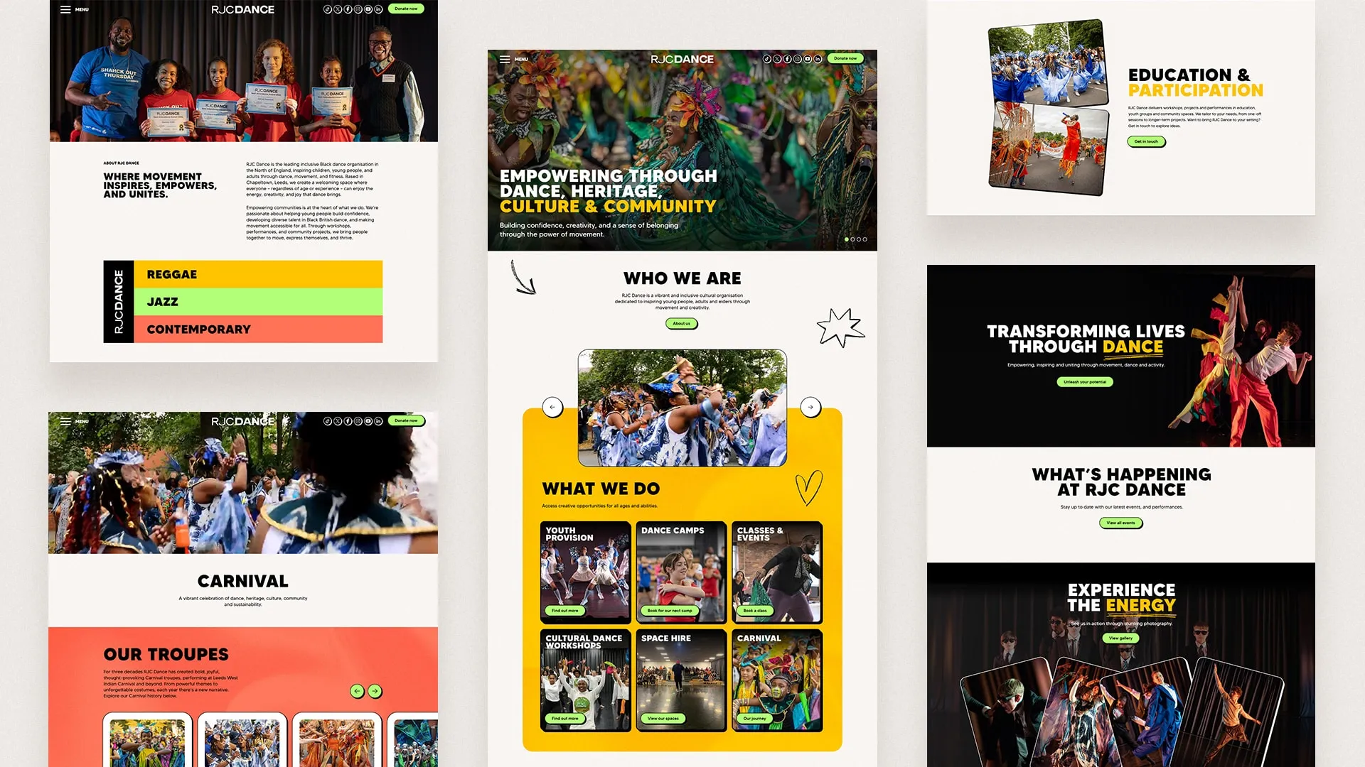 RJC Dance website pages on desktop, from the homepage to the classes