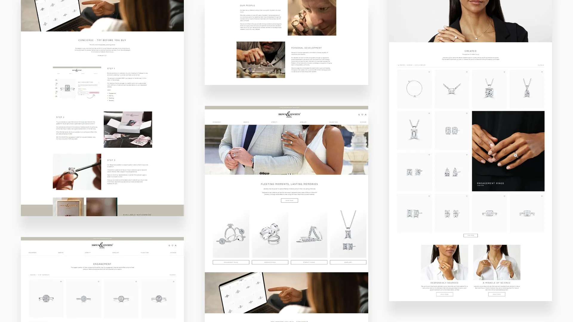 Brown & Newirth website pages on desktop, from the homepage to the rings