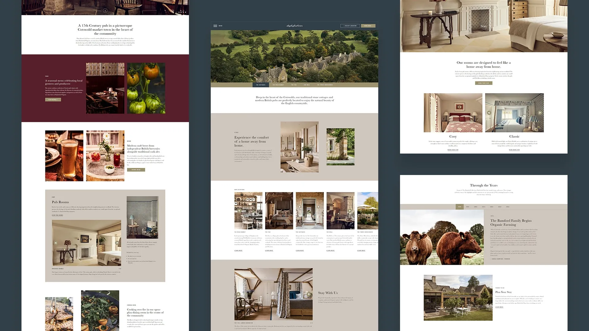 Daylesford Stays website pages on desktop, from the homepage to the rooms