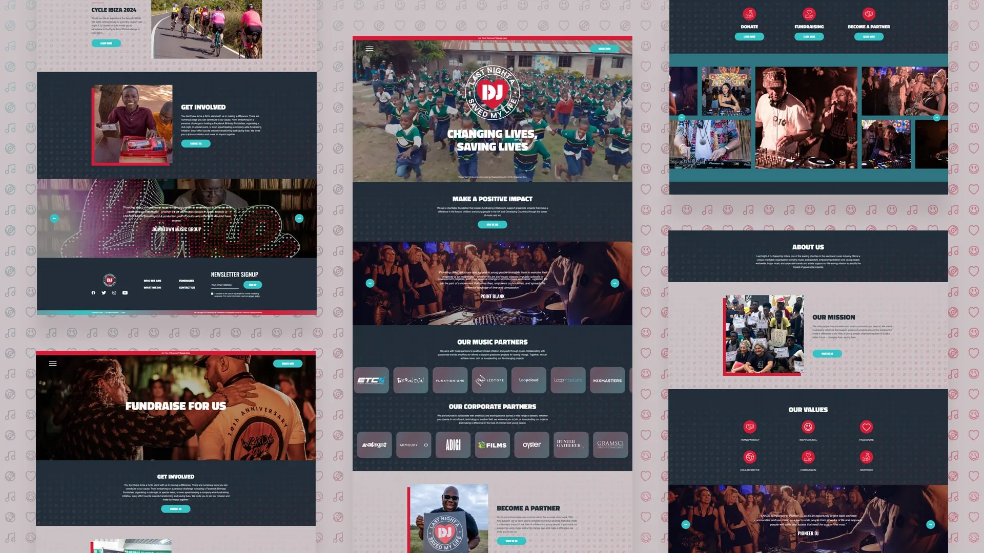 Last Night A DJ Saved My Life website pages on desktop, from the homepage to the projects