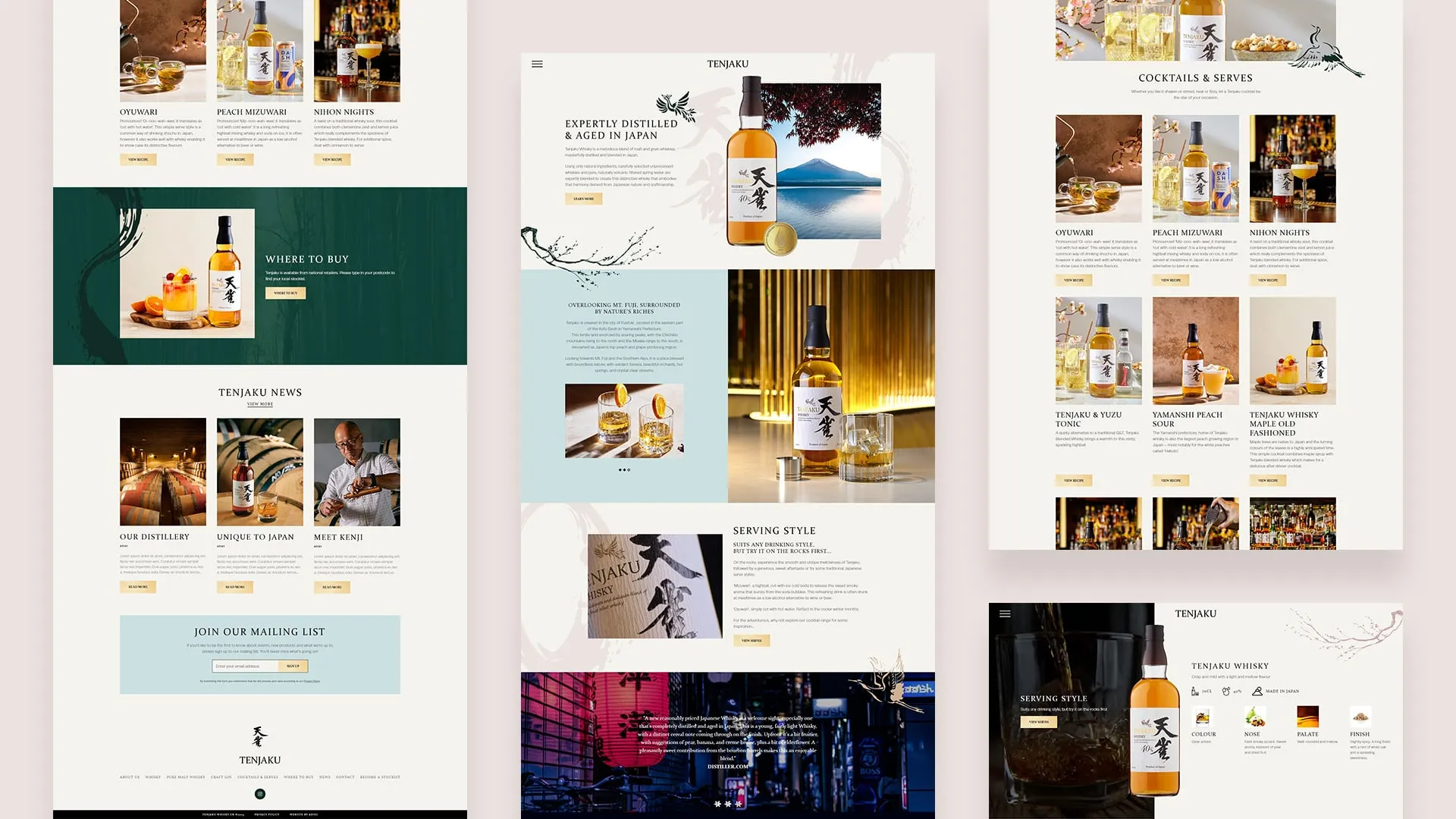 Tenjaku website pages on desktop and phone, from the homepage to the cocktails