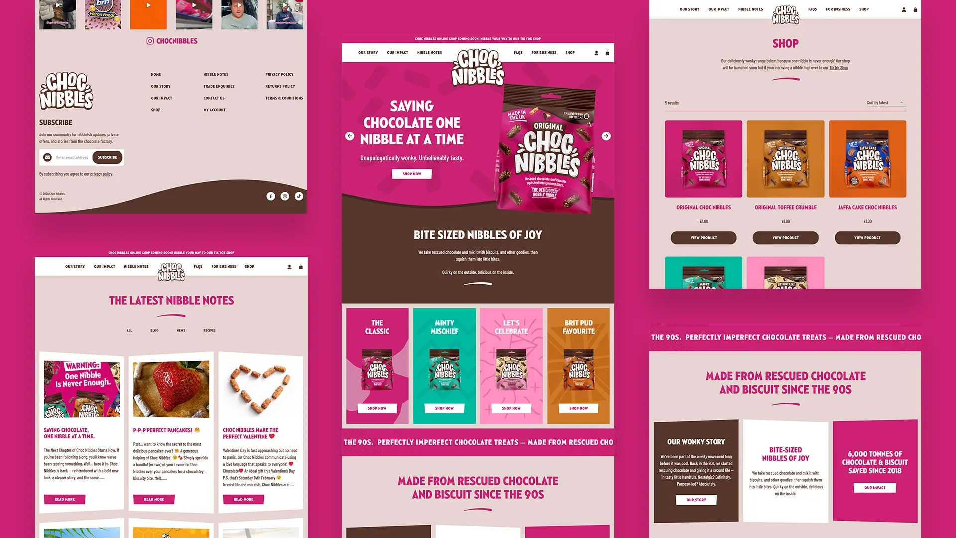 Choc Nibbles shop pages on desktop, from the homepage to the range
