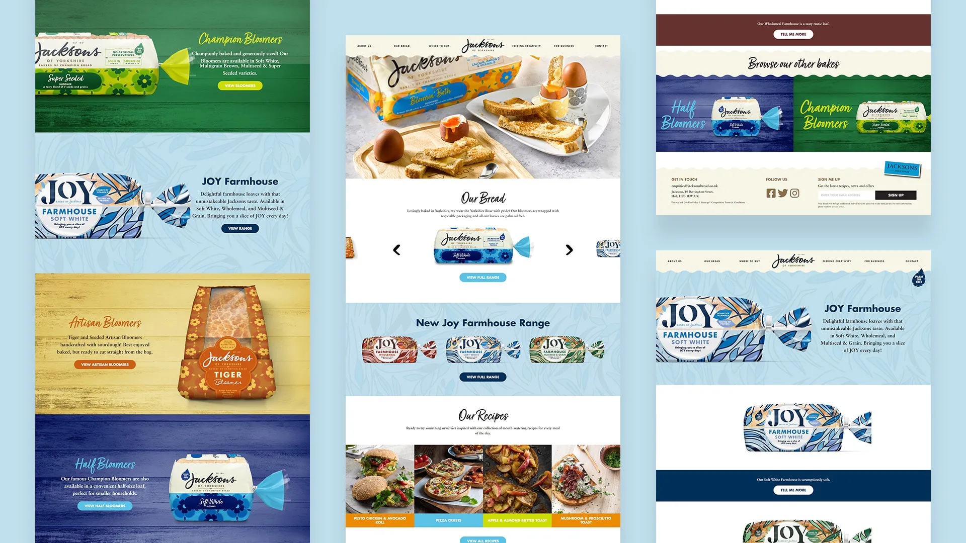 Jacksons of Yorkshire website pages on desktop, from the homepage to the recipes