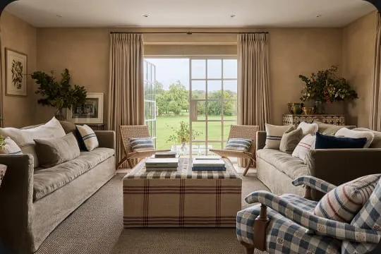 A Daylesford Stays sitting room with sofas and a view of the garden