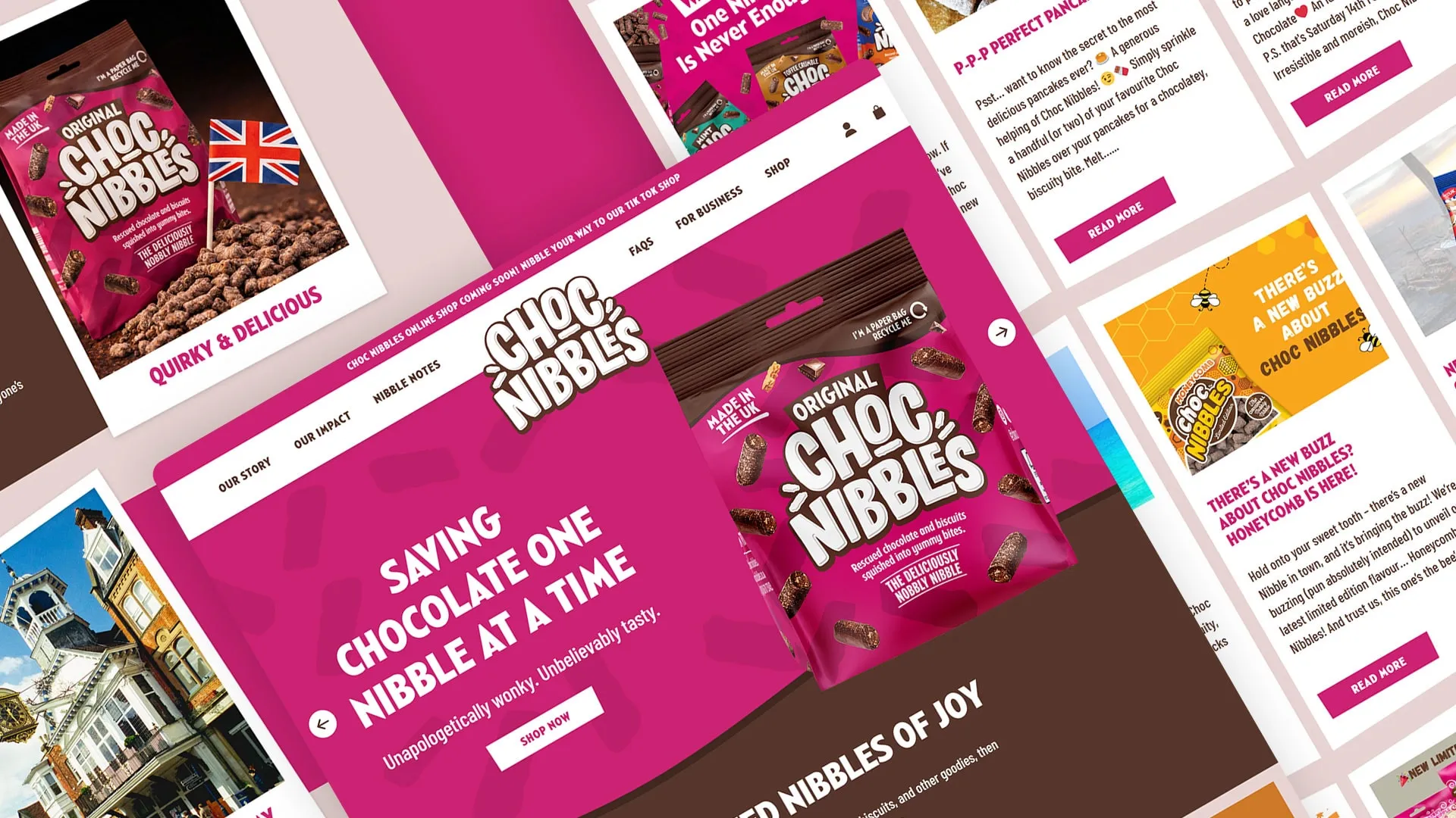 Choc Nibbles shop pages laid out at an angle