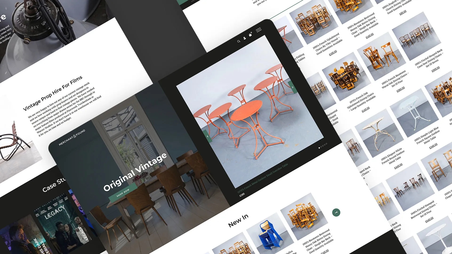 Merchant & Found shop pages on a tablet and desktop, laid out at an angle