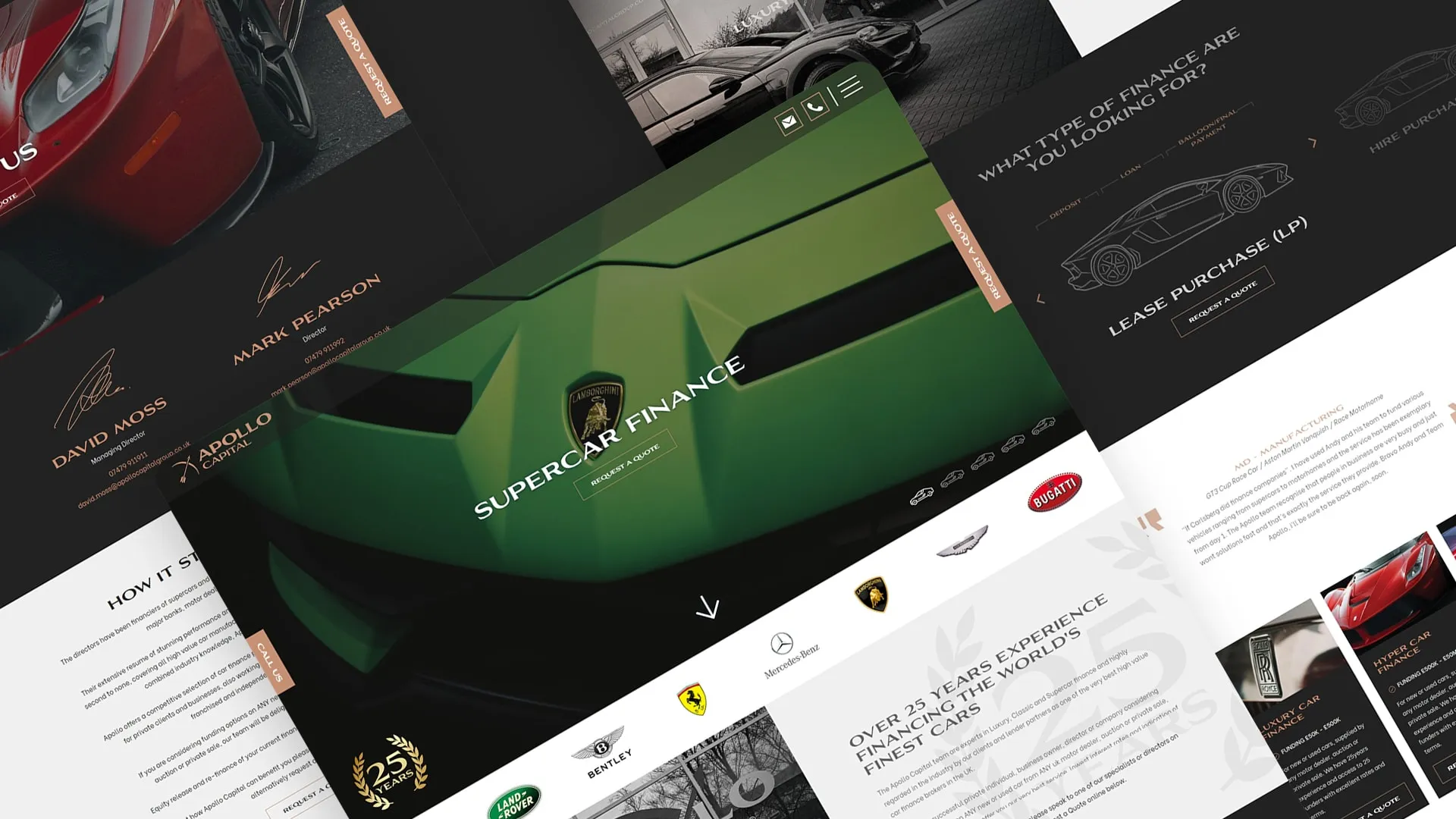 Apollo Capital website pages laid out at an angle, led by a green supercar