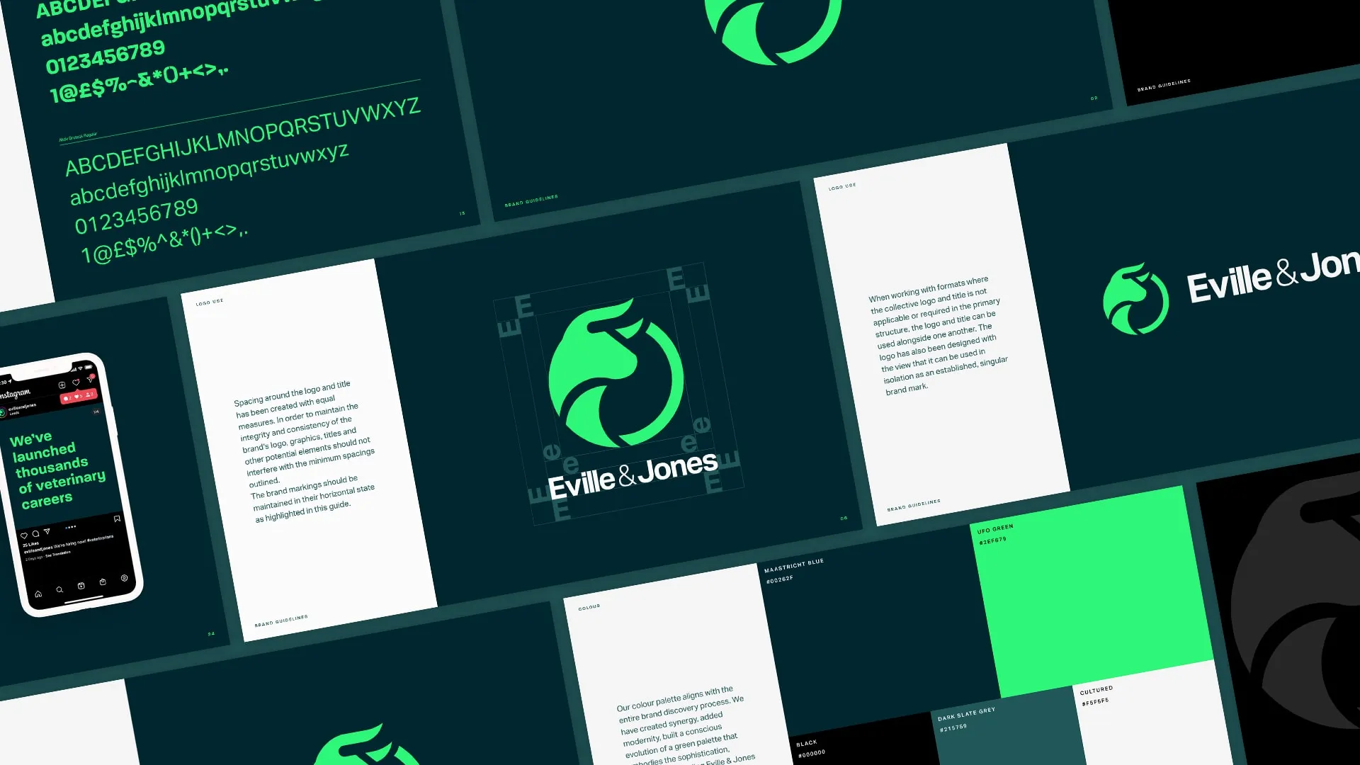 The Eville & Jones logo and stationery laid out on dark green