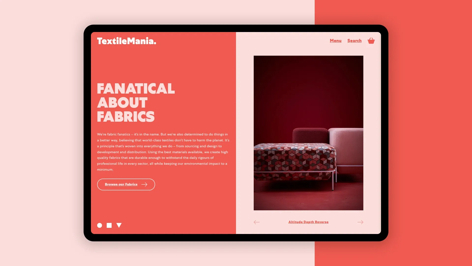 The TextileMania homepage on a tablet: “Fanatical about fabrics”