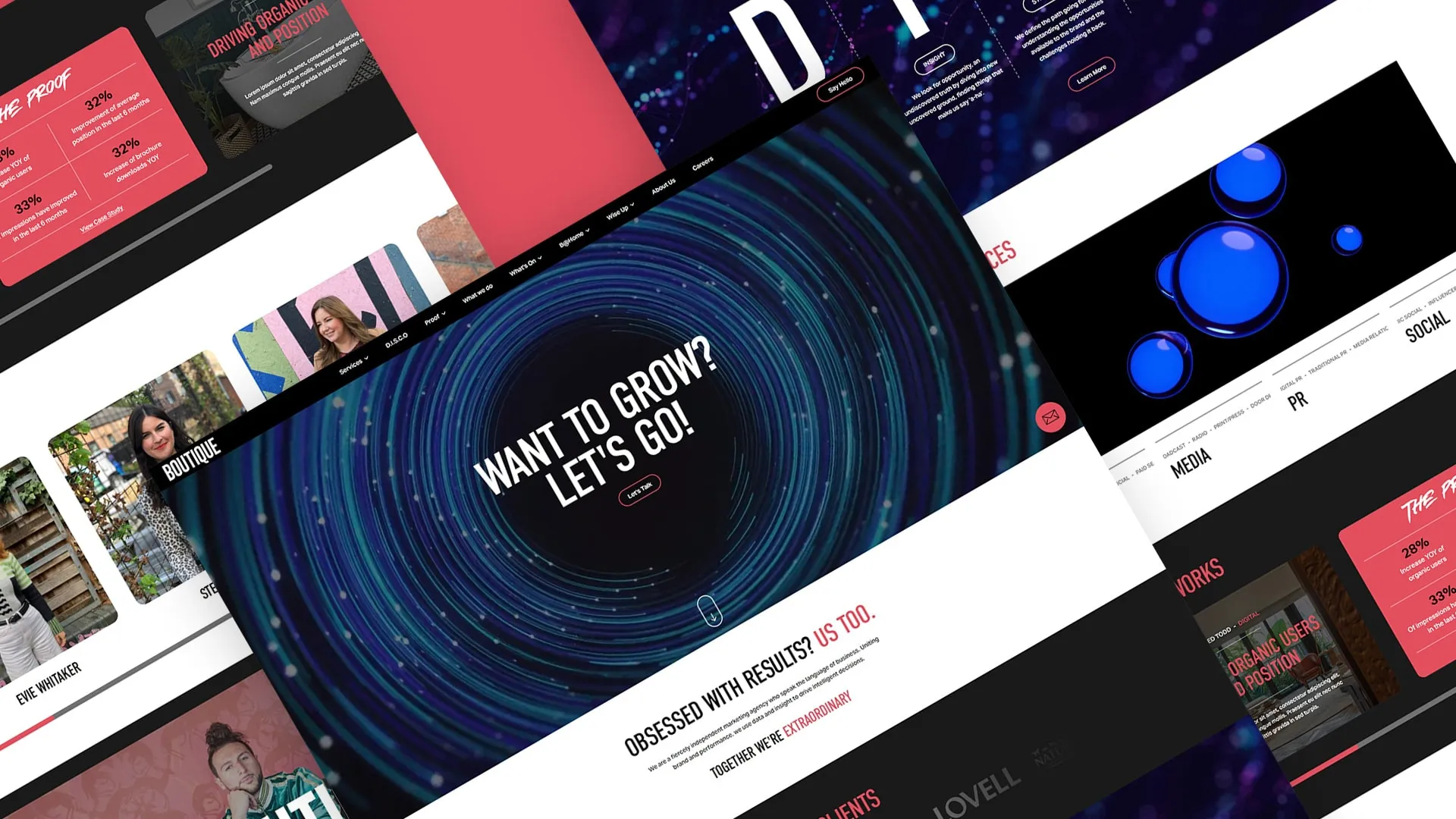 Boutique website pages laid out at an angle