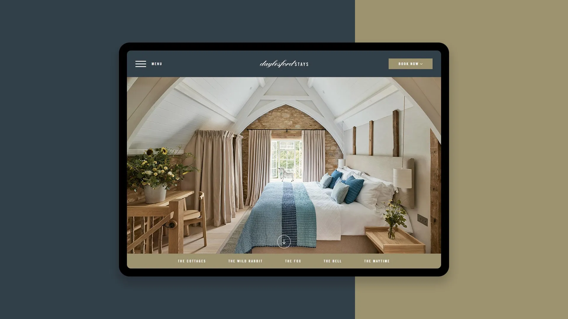 The Daylesford Stays website on a tablet, showing a bedroom
