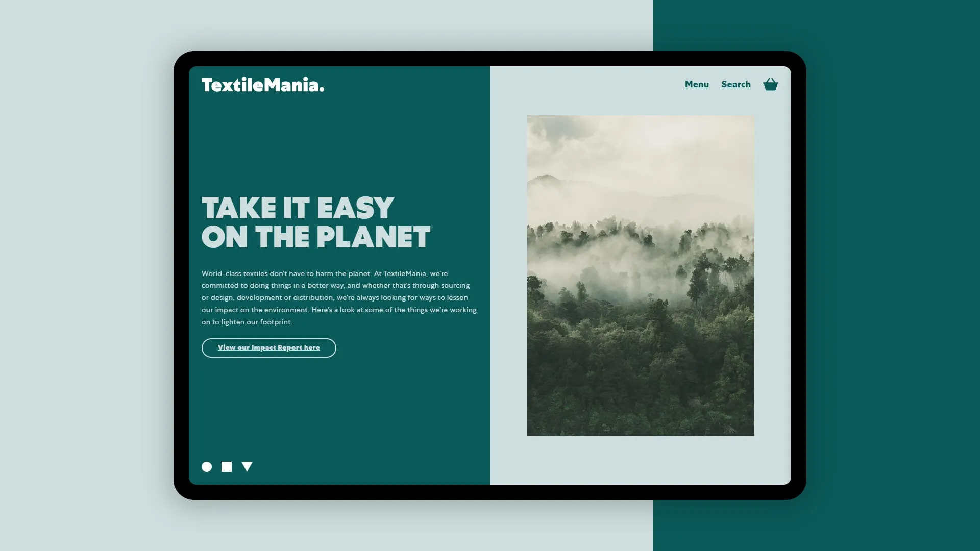 The TextileMania environment page on a tablet: “Take it easy on the planet”