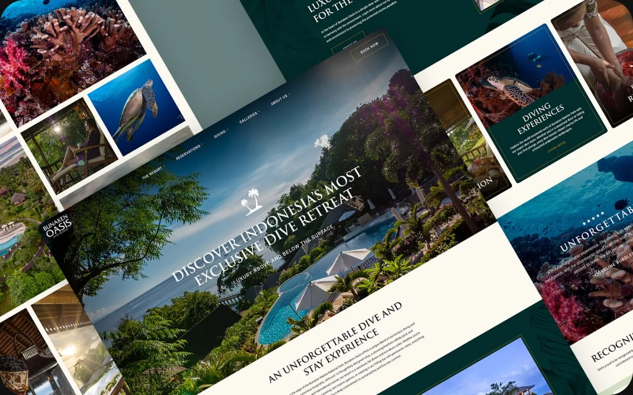 Bunaken Oasis website pages laid out at an angle, led by the homepage