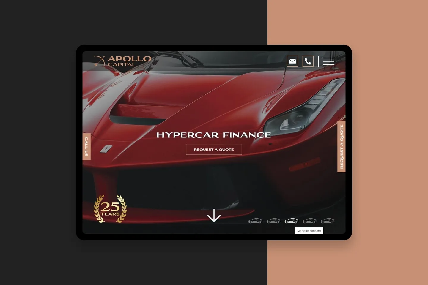 The Apollo Capital hypercar finance page on a tablet