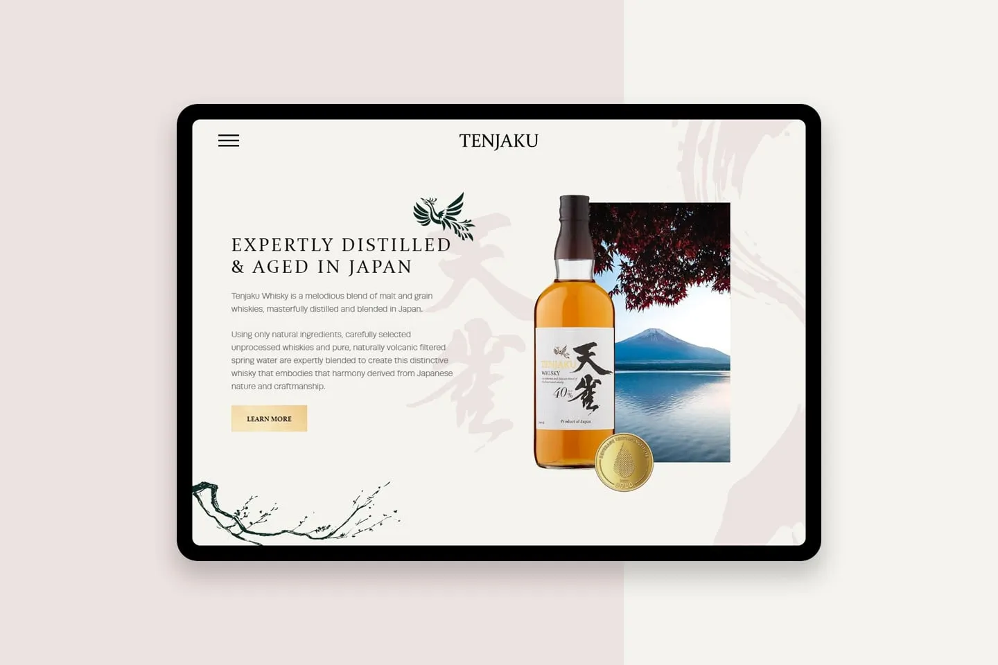 The Tenjaku homepage on a tablet