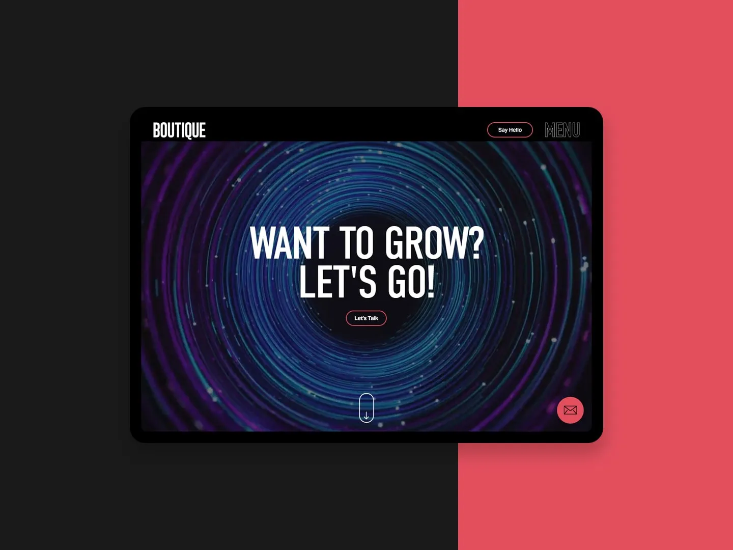 The Boutique homepage on a tablet: “Want to grow? Let’s go!”